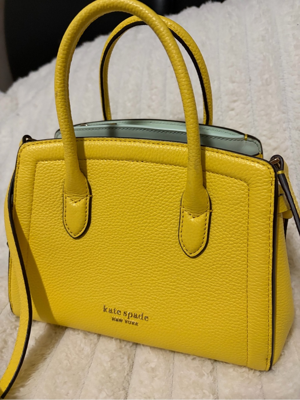Authentic Kate Spade Knotted Mini Satchel, Yellow Pebbled Leather with Mint